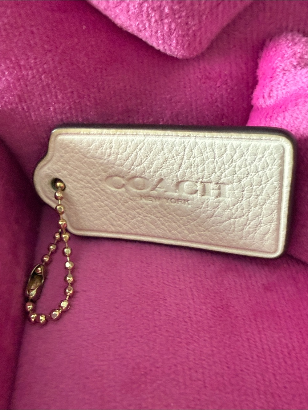 Coach Pebbled Leather Tag Keychain - Ivory with Gold Chain
